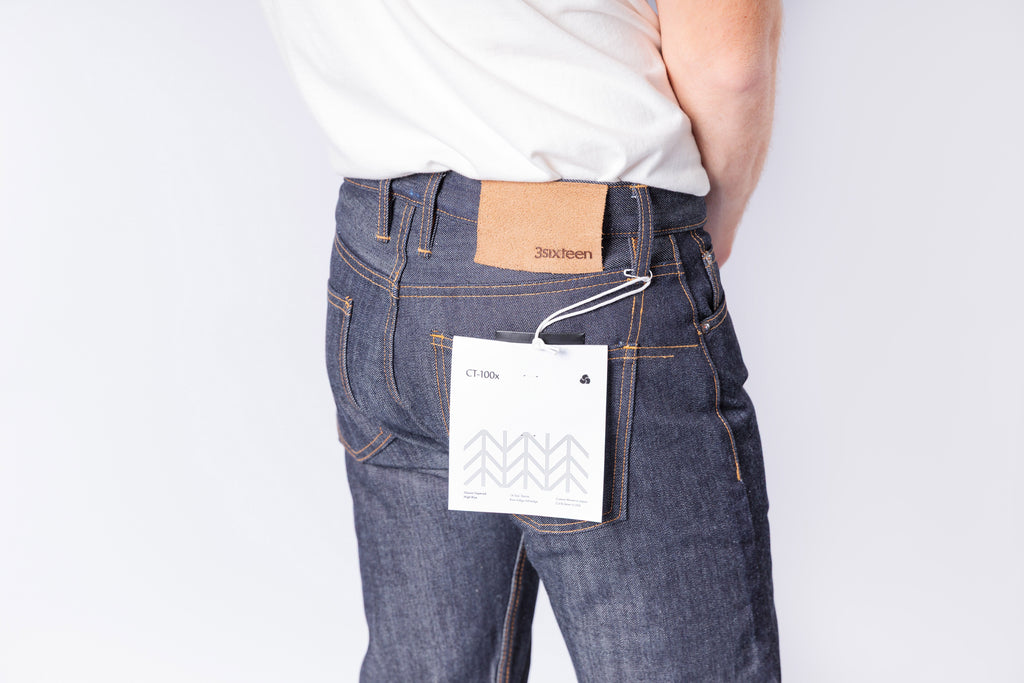 Person wearing blue jeans with a visible tag on a plain background