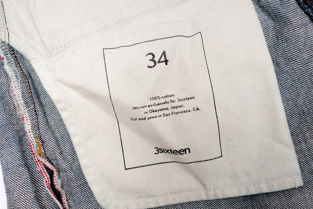 3SIXTEEN Classic Tapered Jeans in Rinsed Indigo, Inside Pocket Writing