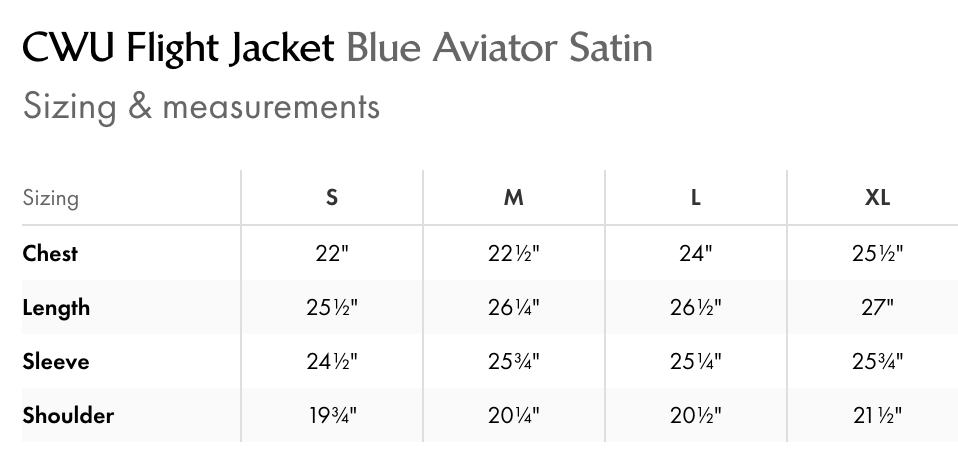 CWU Flight Jacket Blue Aviator Satin sizing chart with measurements.
