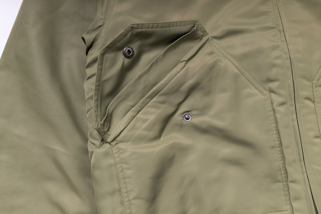 Close-up of a green jacket with a buttoned pocket on a white background