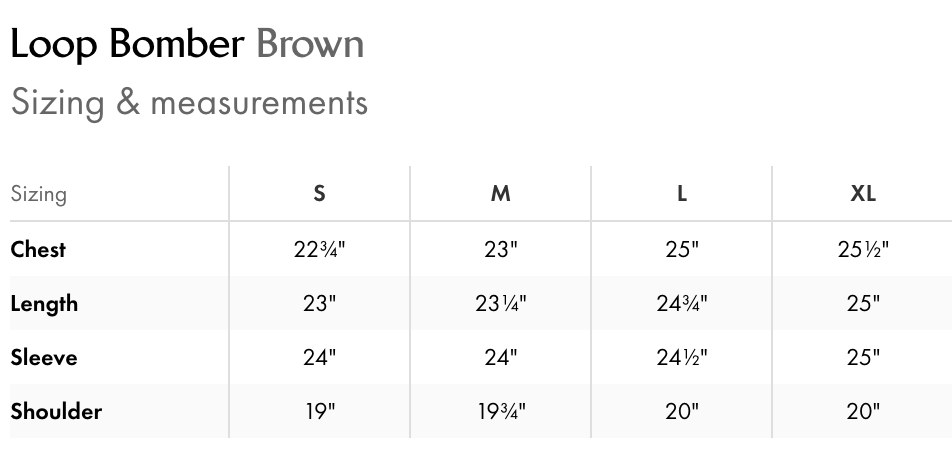 Measurement chart for Loop Bomber Brown jacket with sizing details.