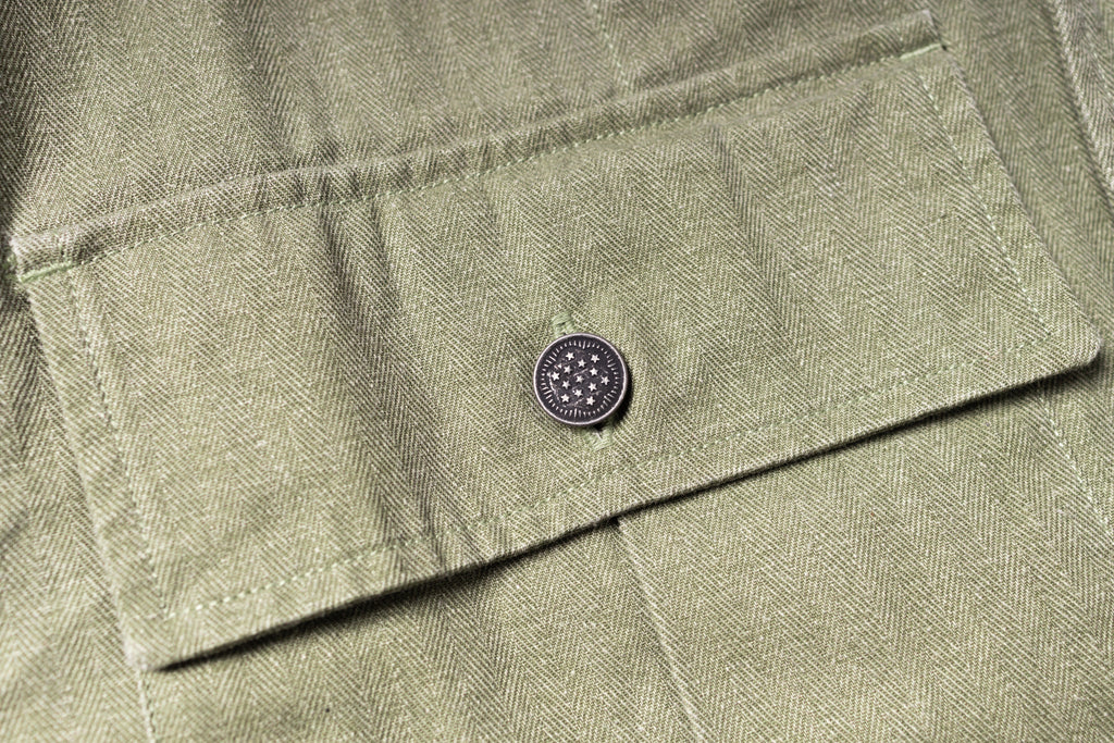 Close-up of a green fabric pocket with a button on a jacket