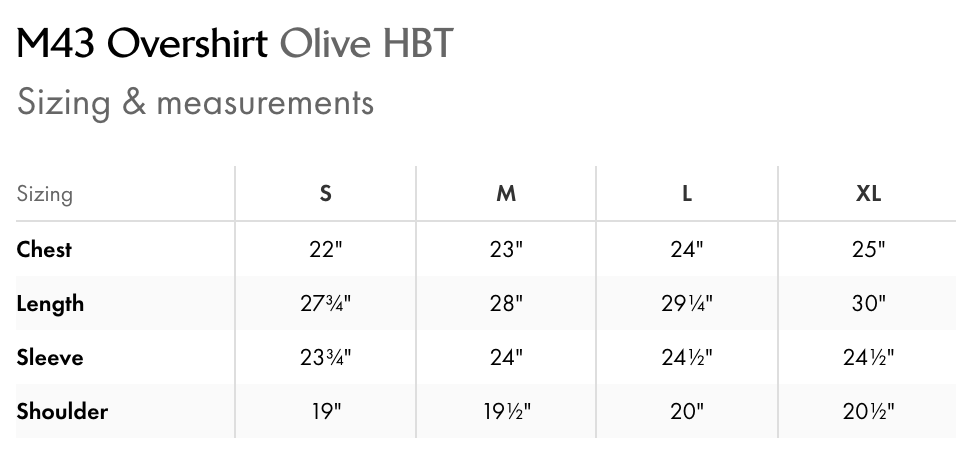 Size chart for M43 Overshirt Olive HBT showing measurements for chest, length, sleeve, and shoulder.