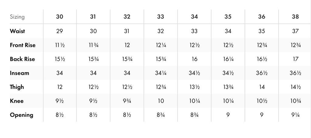 Measurement chart for pants with sizing from 30 to 38, including waist, front rise, back rise, inseam, thigh, and opening measurements.
