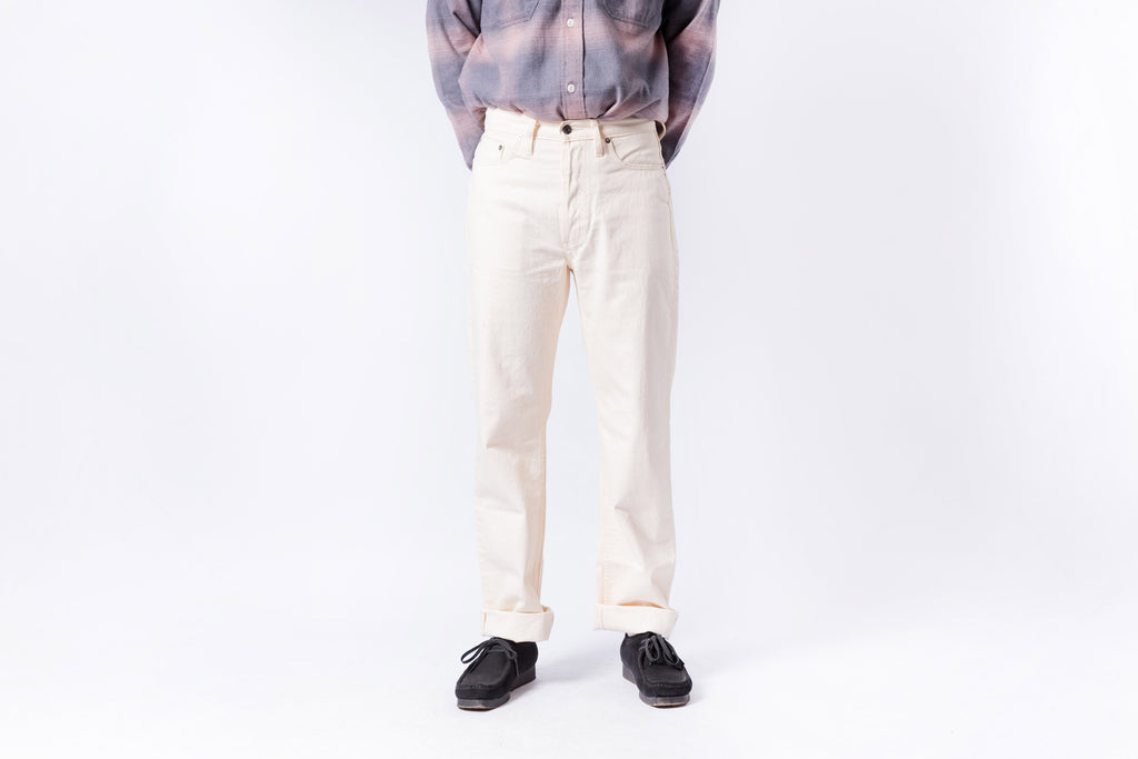Person wearing a plaid shirt, beige pants, and black shoes on a white background