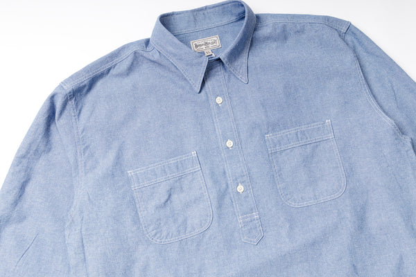 Chambray Pullover Shirt, Collar and Front Pockets View.
