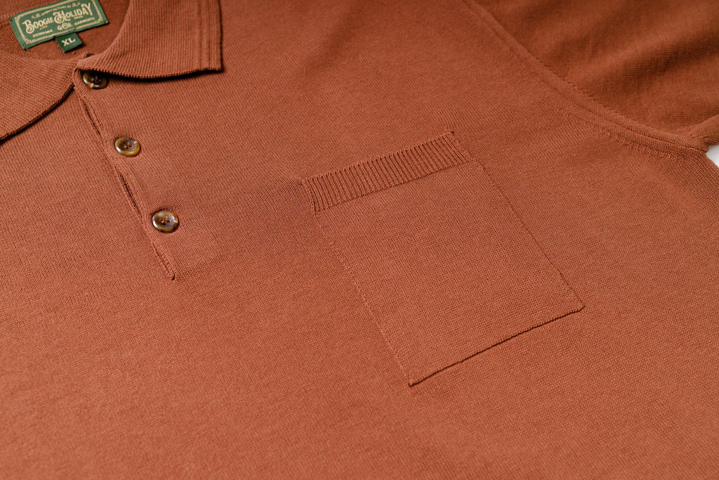 Knitted Polo Shirt in Brown, Chest Pocket Details