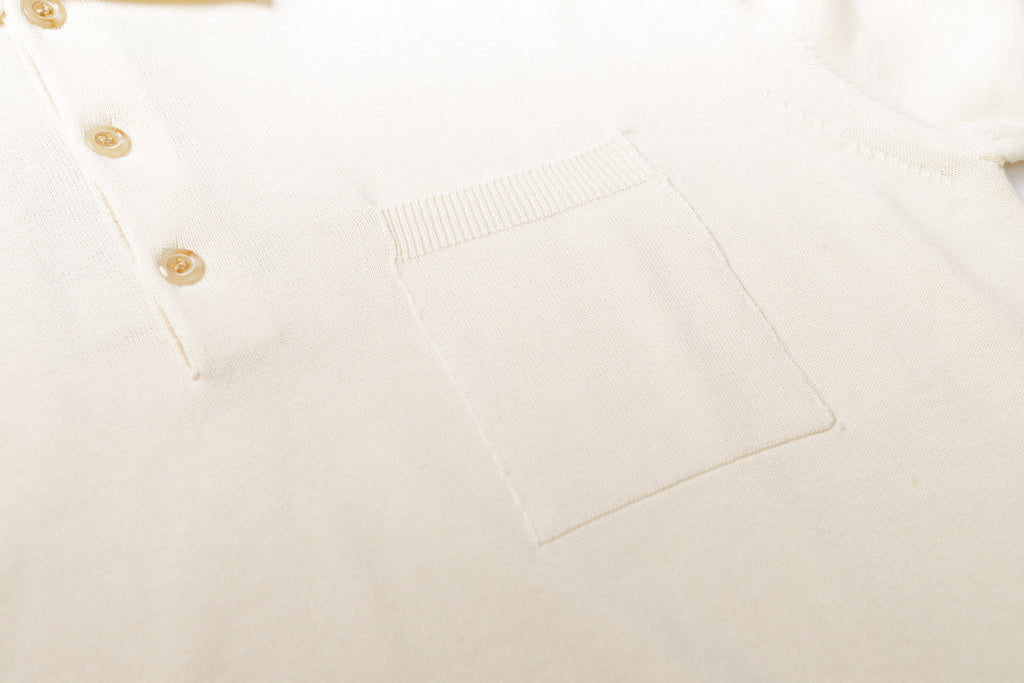 Knitted Polo Shirt in Cream, Chest Pocket Details