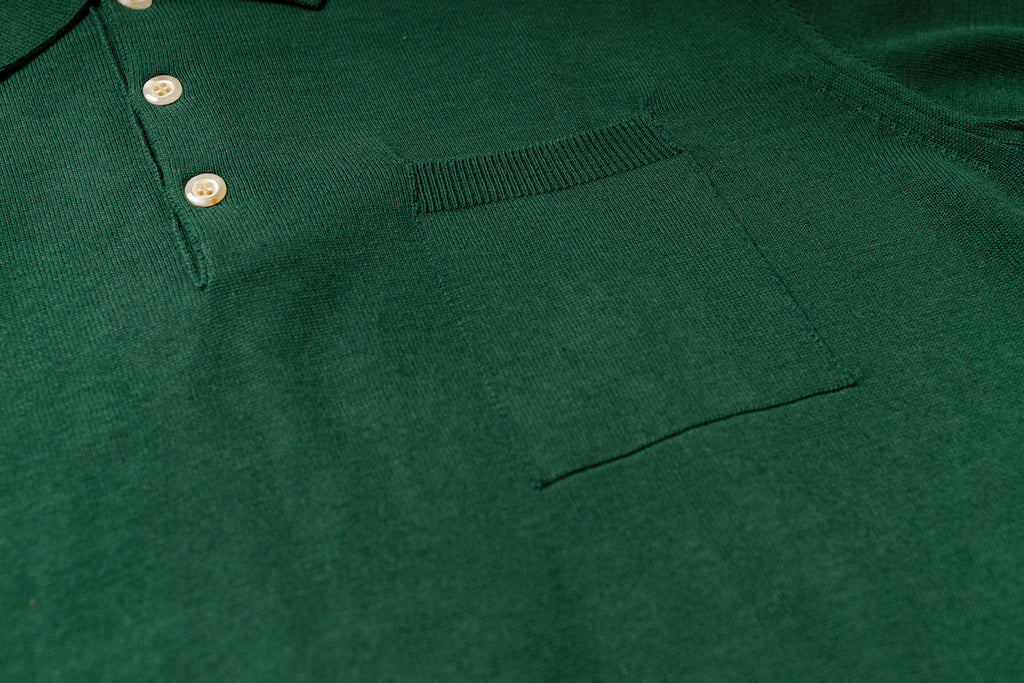 Knitted Polo Shirt in Green, Front Pocket Details