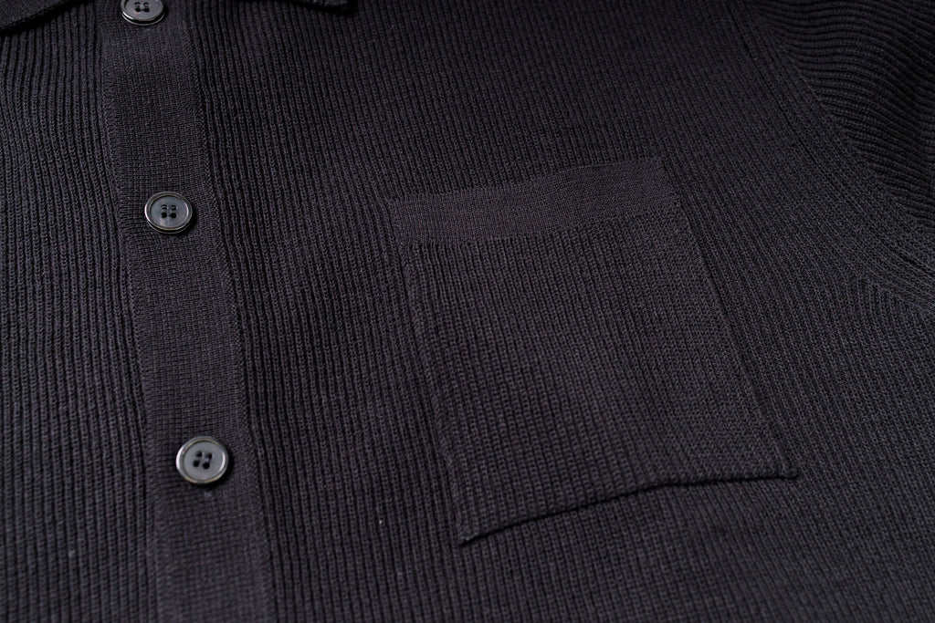 Knitted Short Sleeve Shirt in Black, Front Pocket View