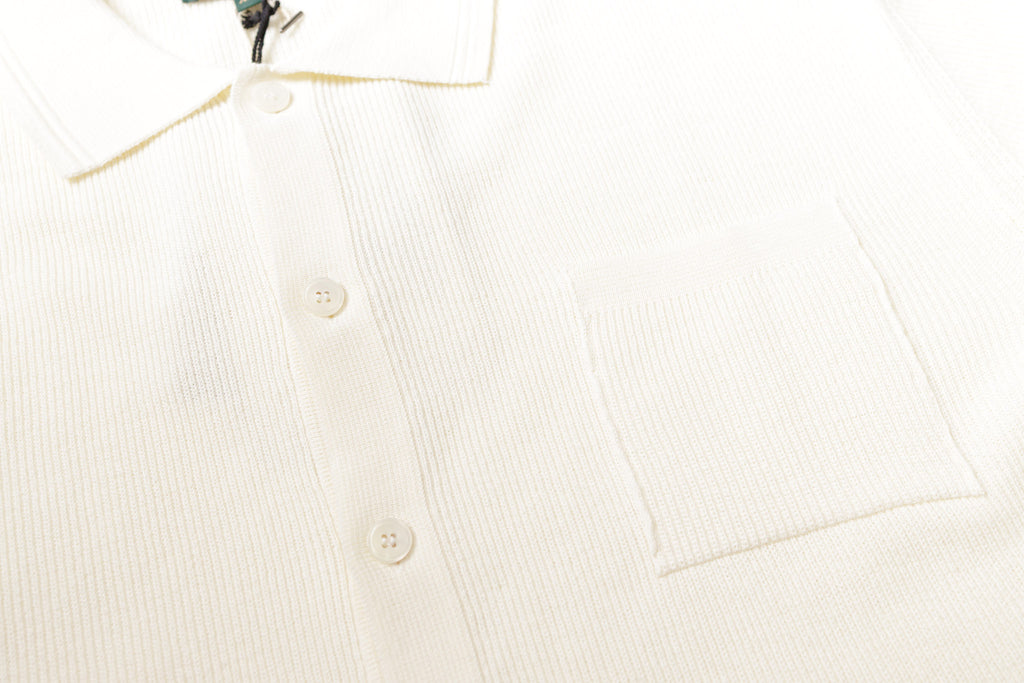 Knitted Short Sleeve Shirt in Ivory, Front Pocket Details