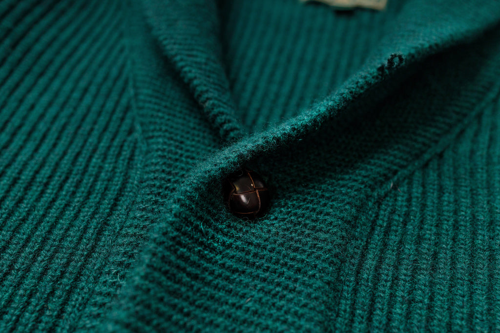 Shawl Collar Cardigan in Deep Green Collar Button View