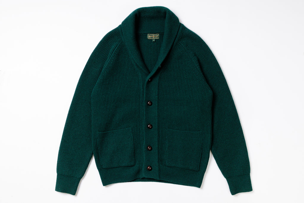 Shawl Collar Cardigan in Deep Green, Front View