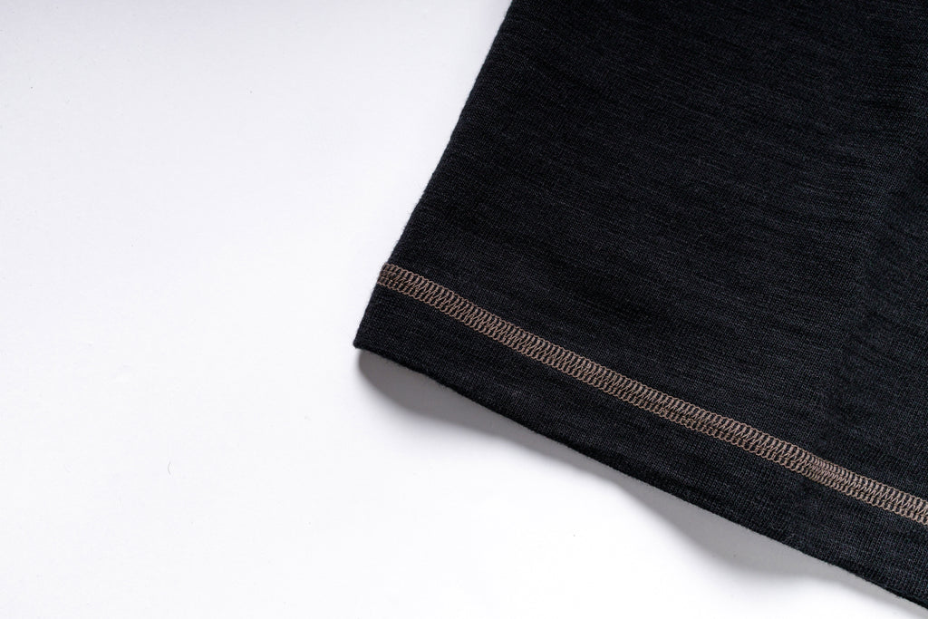 Close-up of black fabric with brown stitching on a white background