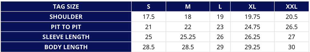 Measurement chart for clothing sizes with shoulder, pit to pit, sleeve length, and body length measurements.