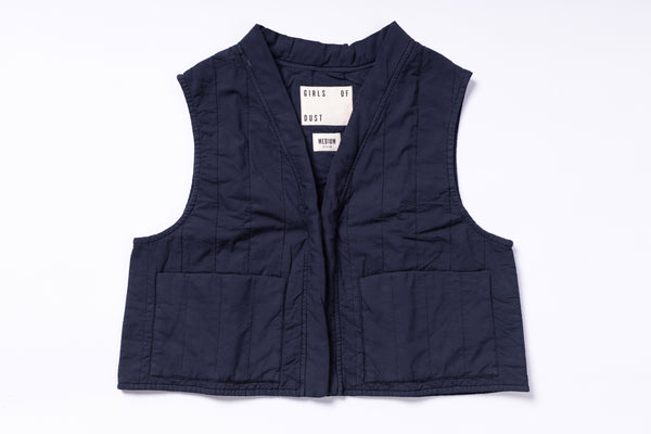 Navy blue vest with a brand label on a white background
