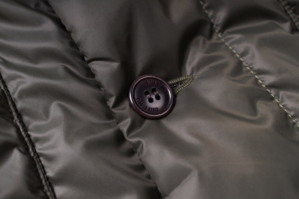 Close-up of a button on a quilted jacket