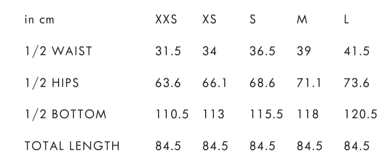 Measurement chart for clothing sizes in inches and centimeters