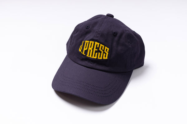 Navy blue cap with yellow text on a white background