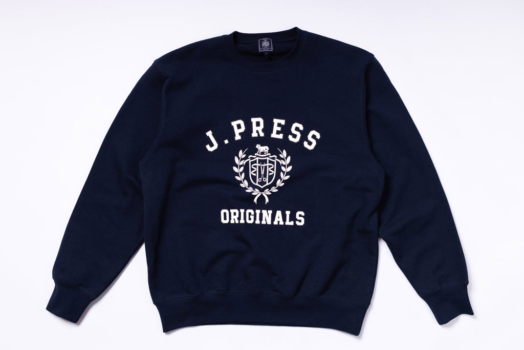 Navy blue sweatshirt with 'J. Press Originals' logo on a white background
