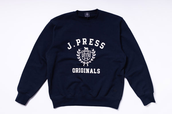 Navy blue sweatshirt with 'J. Press Originals' logo on a white background