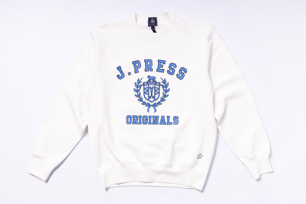 White sweatshirt with blue 'J. Press Originals' logo on a white background