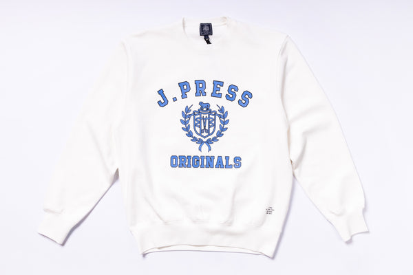 White sweatshirt with blue 'J. Press Originals' logo on a white background