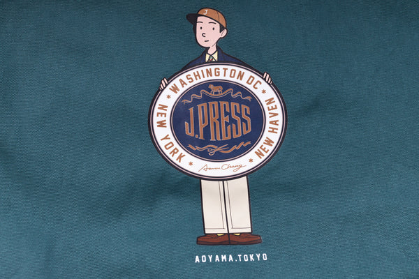 Illustration of a person holding a sign with 'J.Press' on a blue background