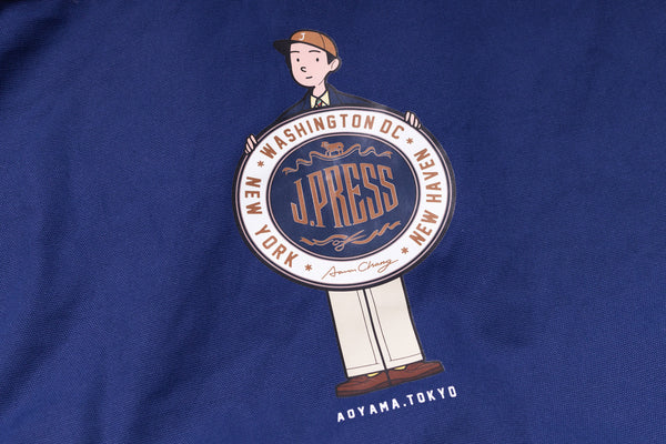 Illustration of a person holding a sign with text on a blue background