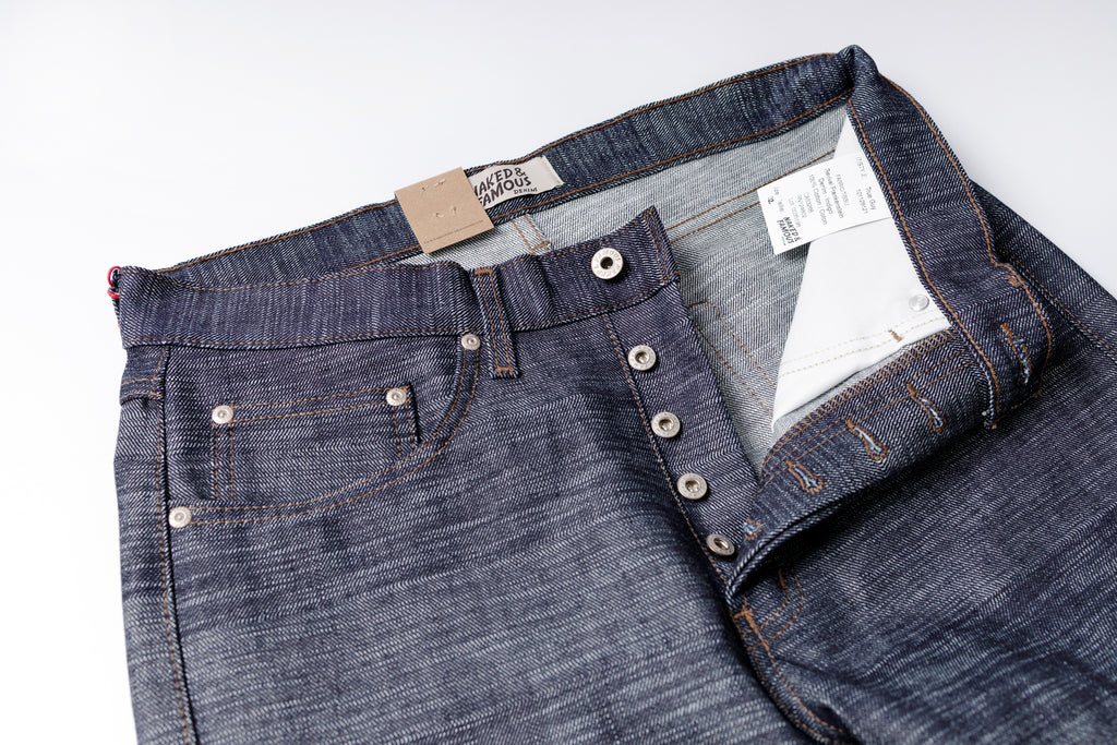 Close-up of a pair of blue jeans with visible stitching and buttons on a white background