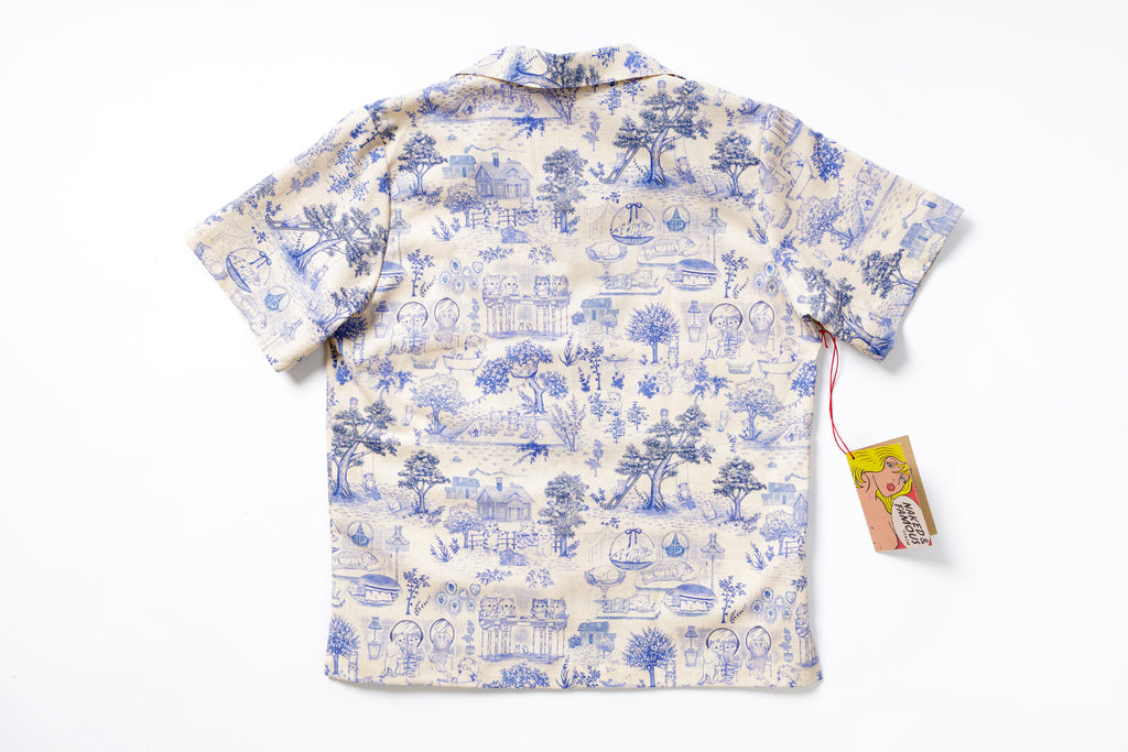 Short-sleeve shirt with blue and white pattern on a white background