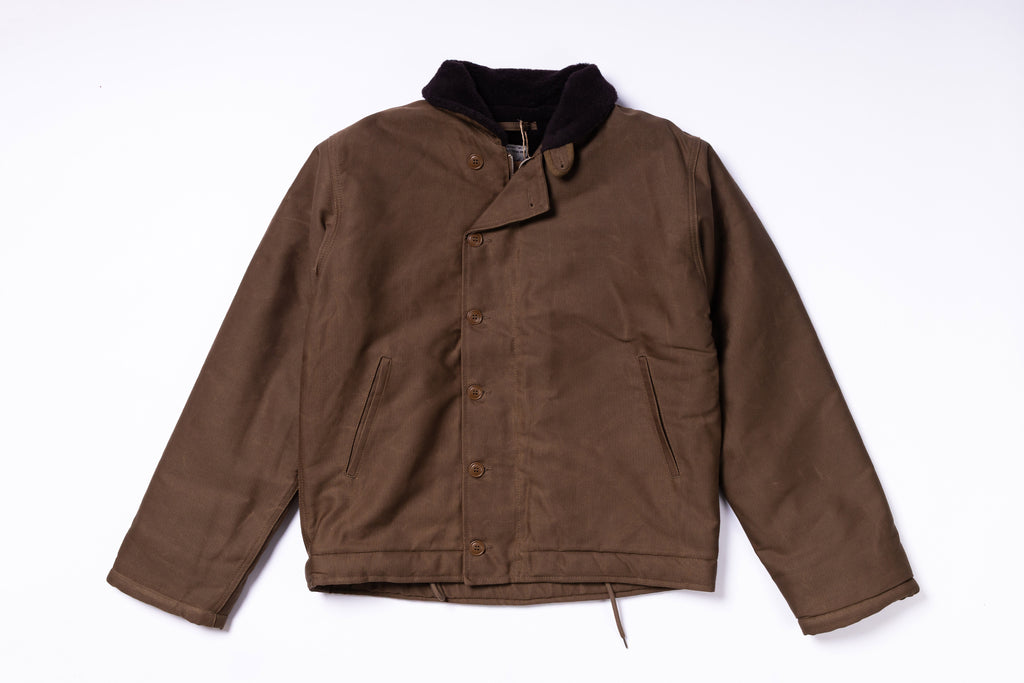 Brown jacket with black collar on a white background