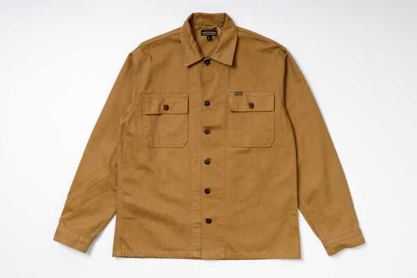 Brown jacket with button details on a white background