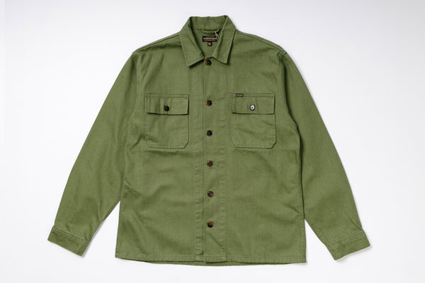 Green jacket with button details on a white background