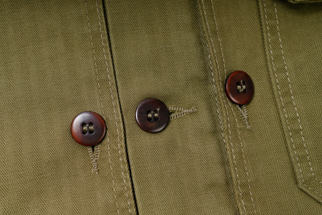 Close-up of a green jacket with brown buttons
