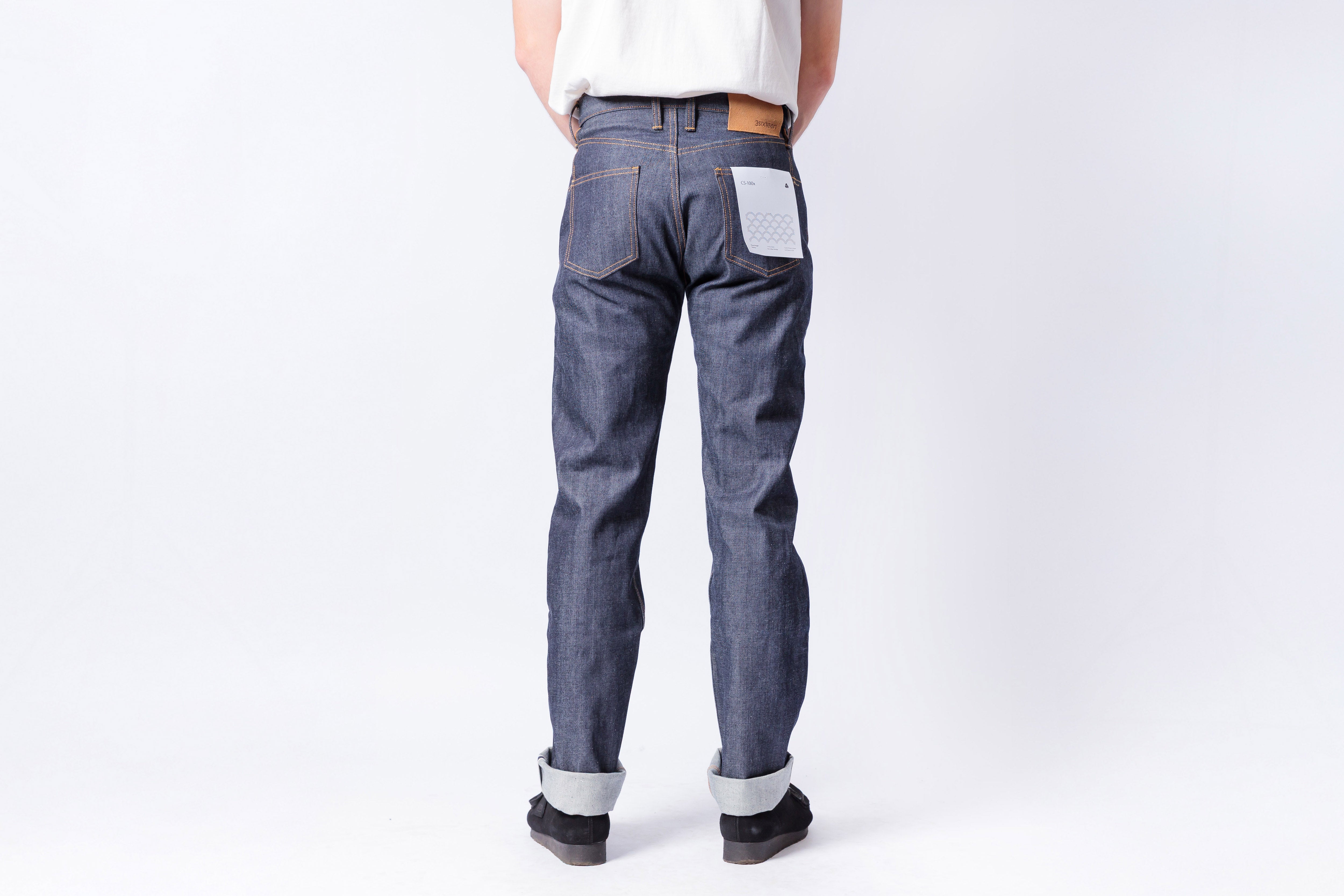 Person wearing blue jeans on a white background