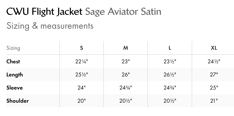 CWU Flight Jacket sizing chart for Sage Aviator Satin with measurements in inches.