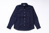Navy blue button-up shirt on a white background