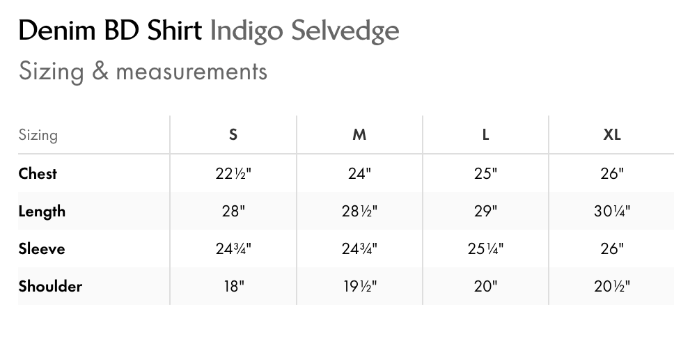 Size chart for a denim BD shirt with measurements in inches.