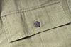 Close-up of a green fabric pocket with a button on a jacket