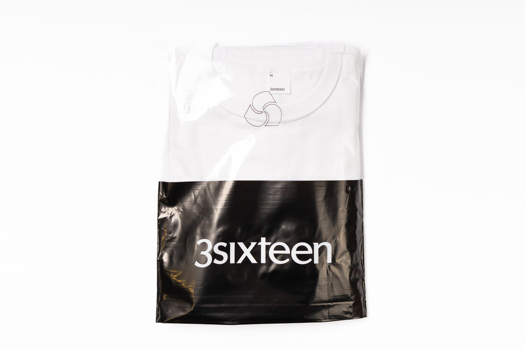 White and black package with '3sixteen' branding on a white background