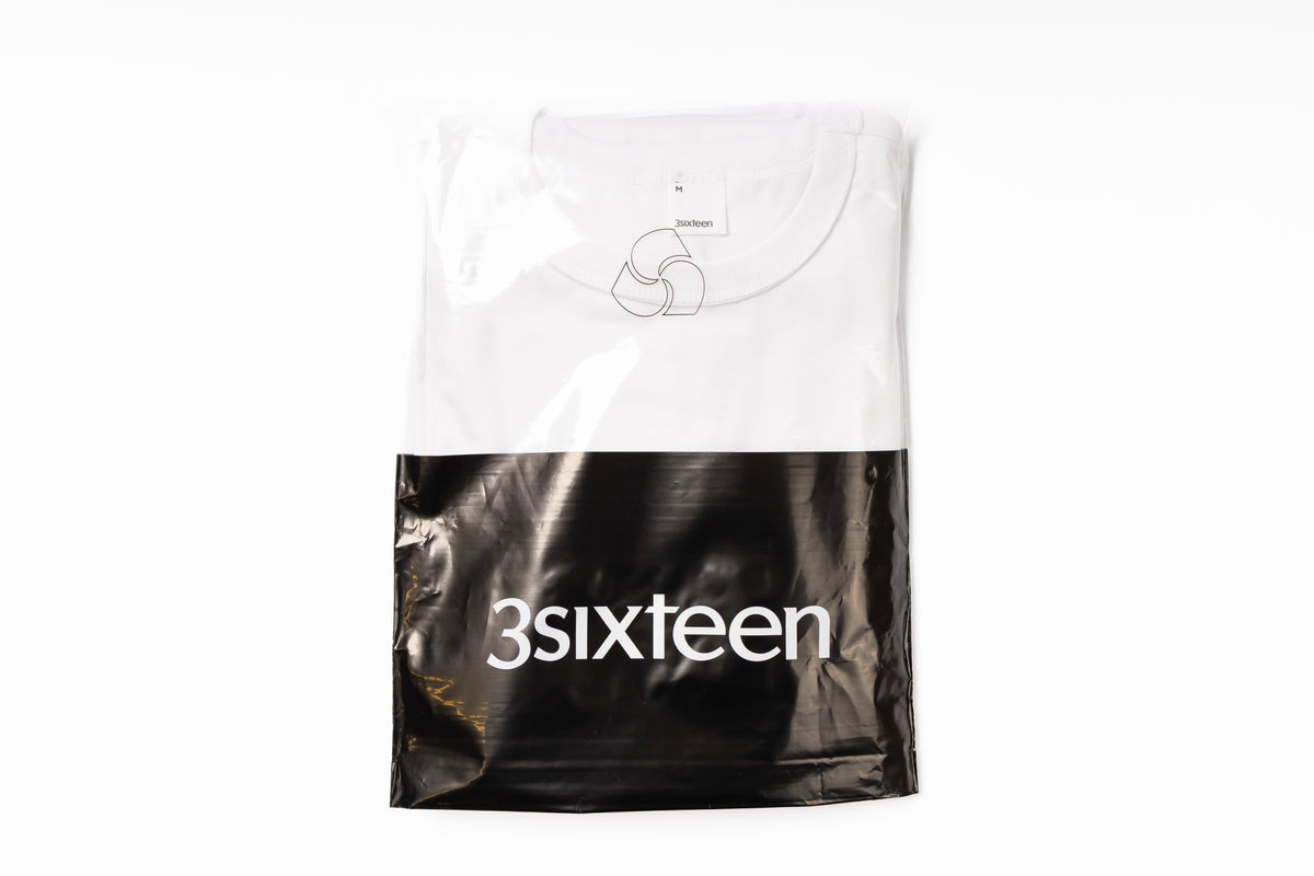 White and black package with '3sixteen' branding on a white background