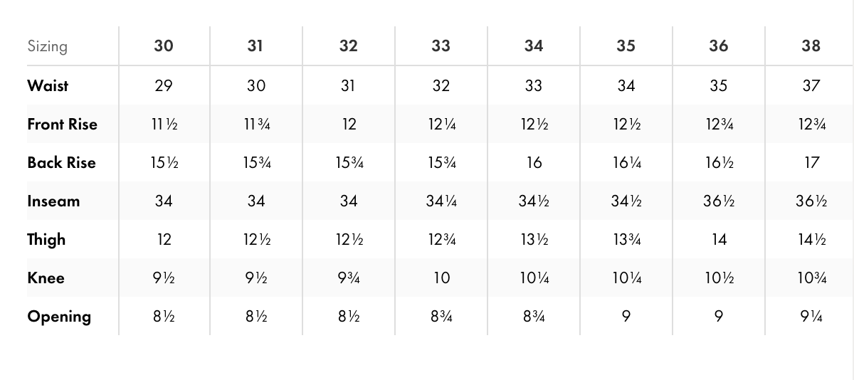 Measurement chart for pants with sizing from 30 to 38, including waist, front rise, back rise, inseam, thigh, and opening measurements.