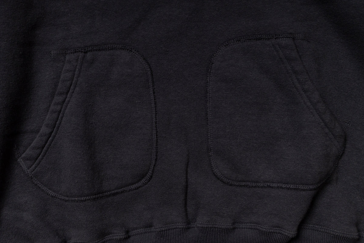 Close-up of a dark gray hoodie with two front pockets.