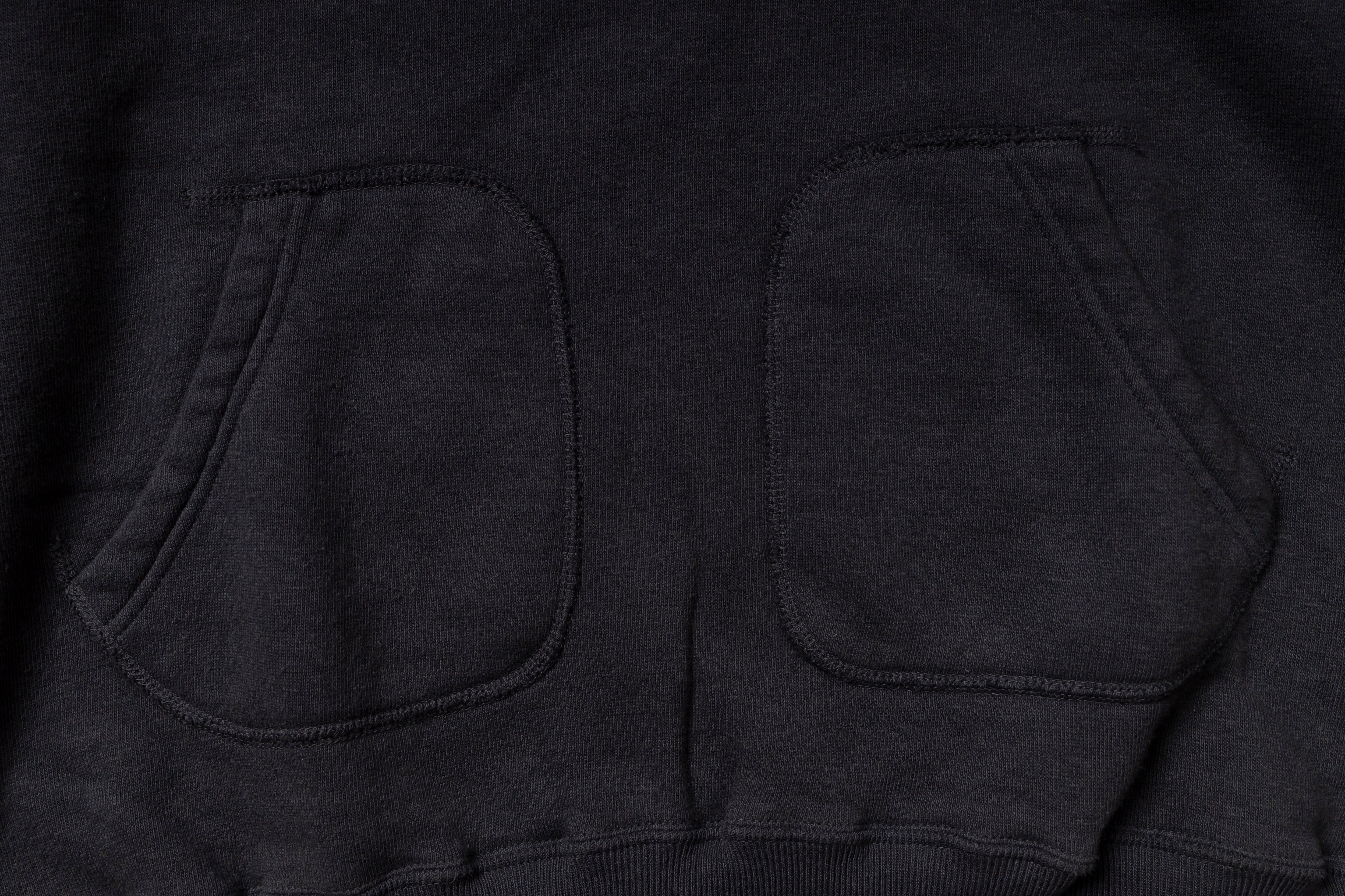 Close-up of a dark gray hoodie with two front pockets.