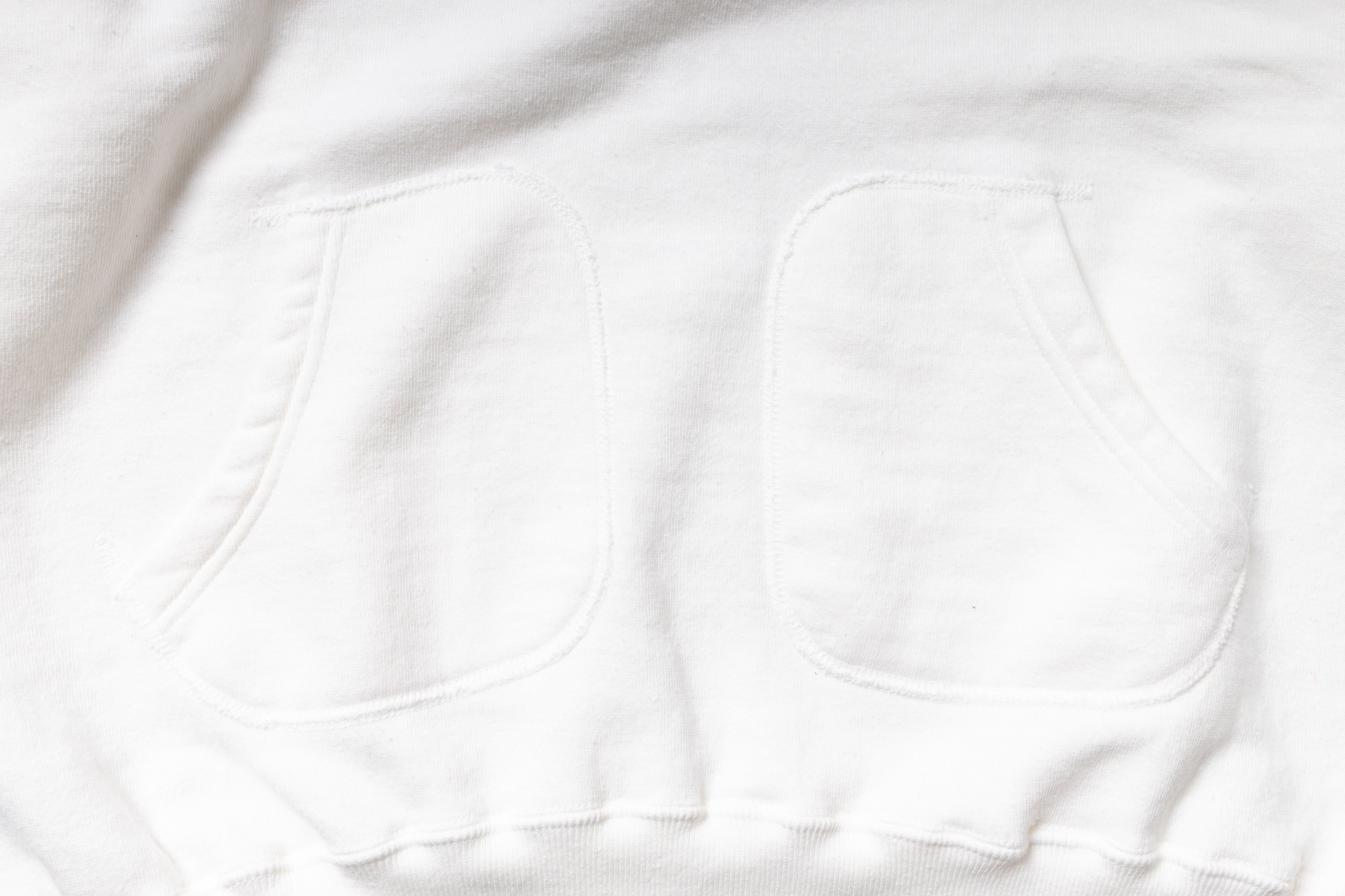 Close-up of a white hoodie with two front pockets.