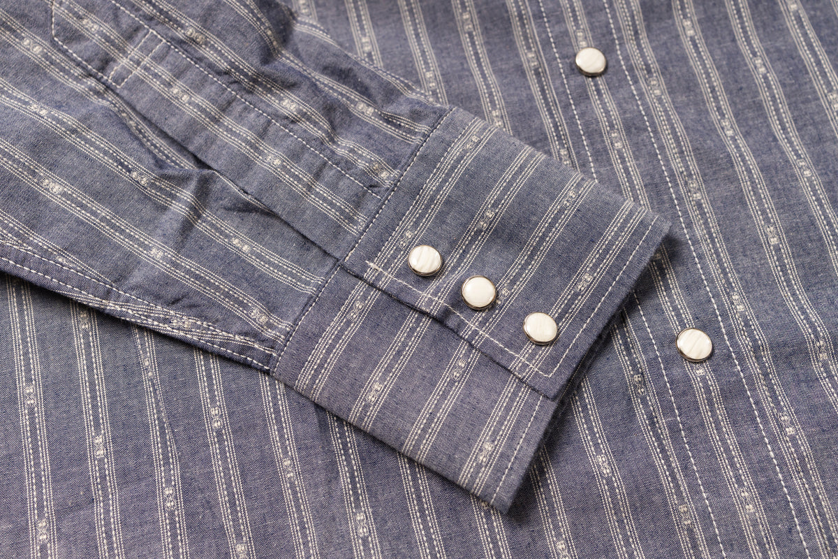 Close-up of a blue striped shirt with buttons