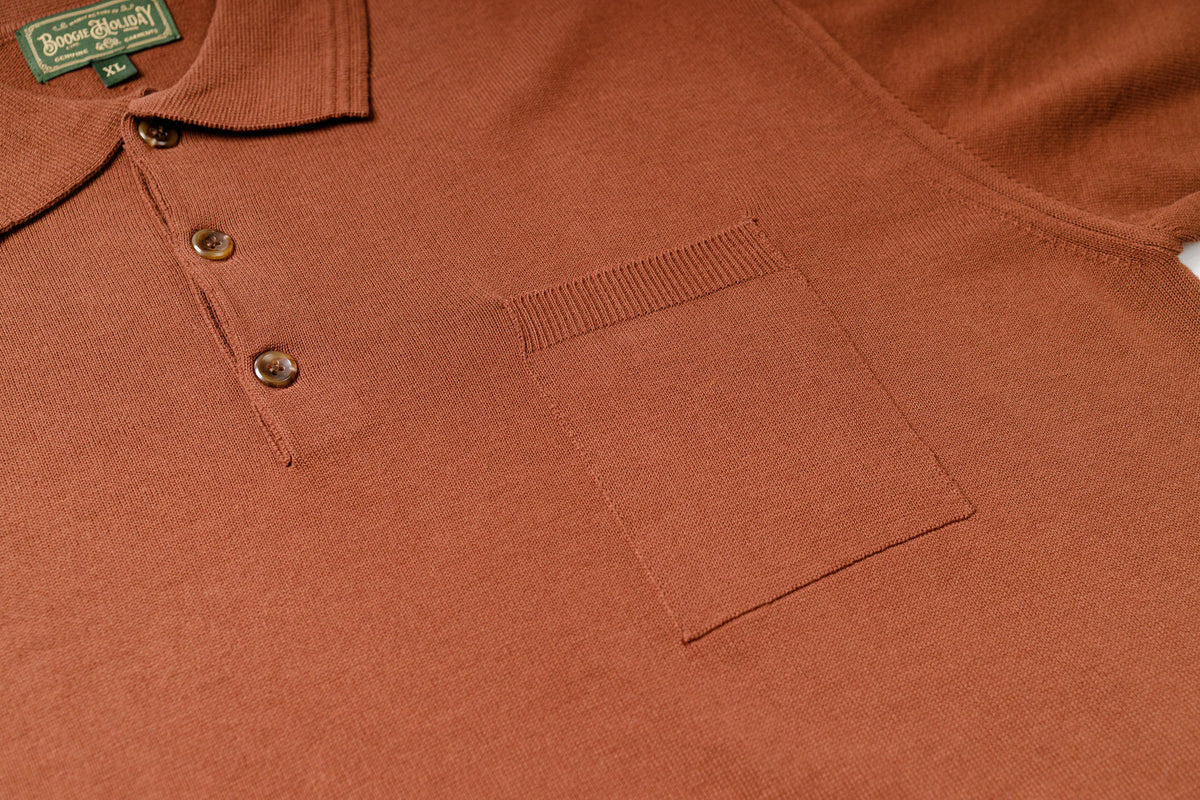 Knitted Polo Shirt in Brown, Chest Pocket Details