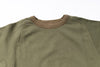 Close-up of a green sweatshirt with brown trim on a white background