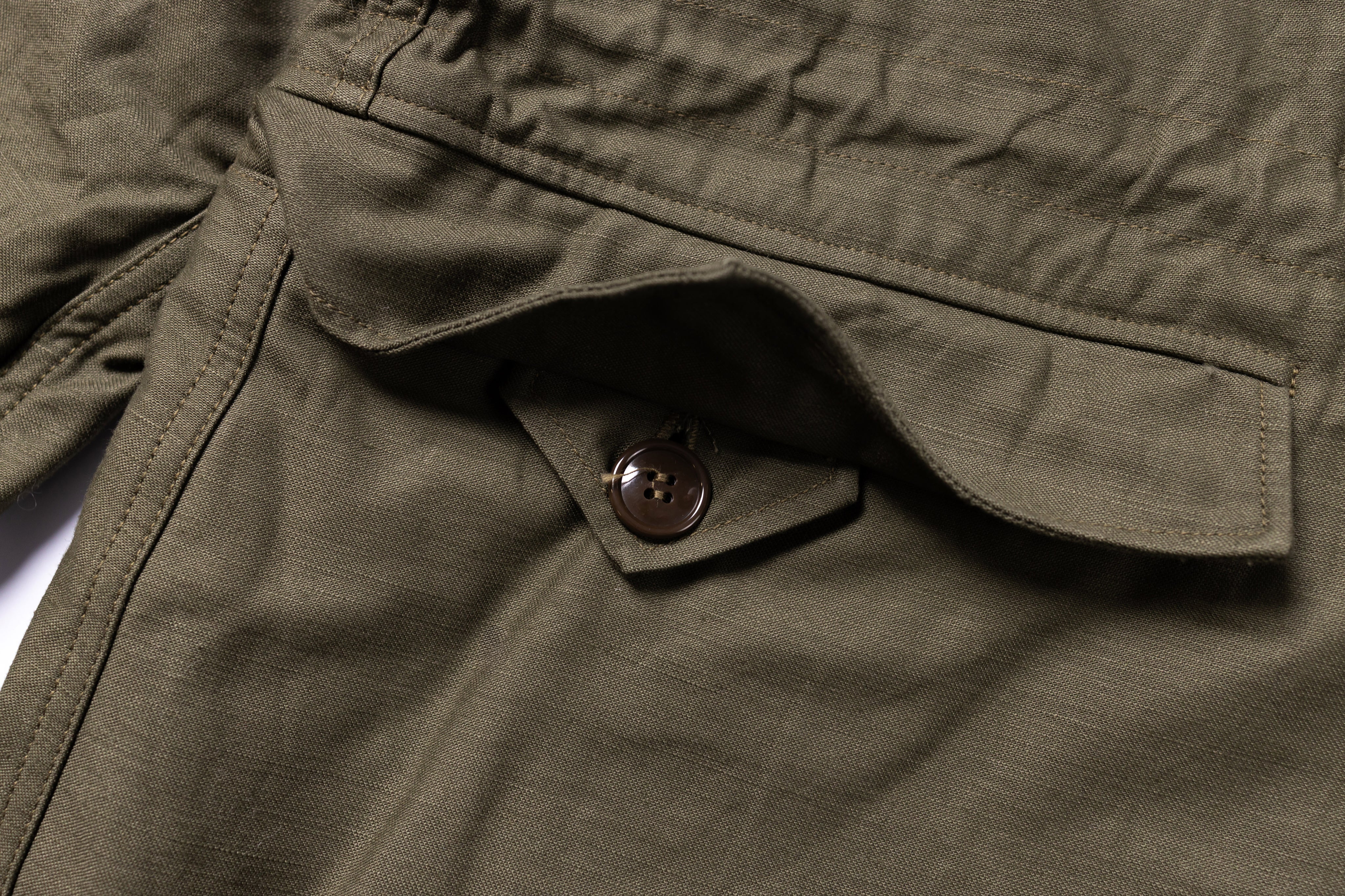 Close-up of a green jacket with a button on a white background